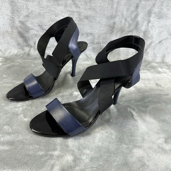 Tahari Heels Women's 9.5 Blue Black Leather Open Toe Stiletto "Lace" - Picture 1 of 12